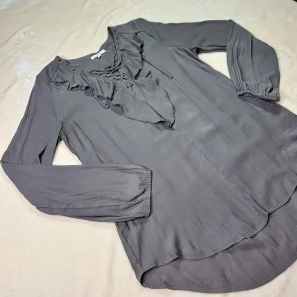 Pleione Ruffled Tied Tunic Blouse Gray Women’s Small Regency Shirttail Hem - Picture 13 of 16